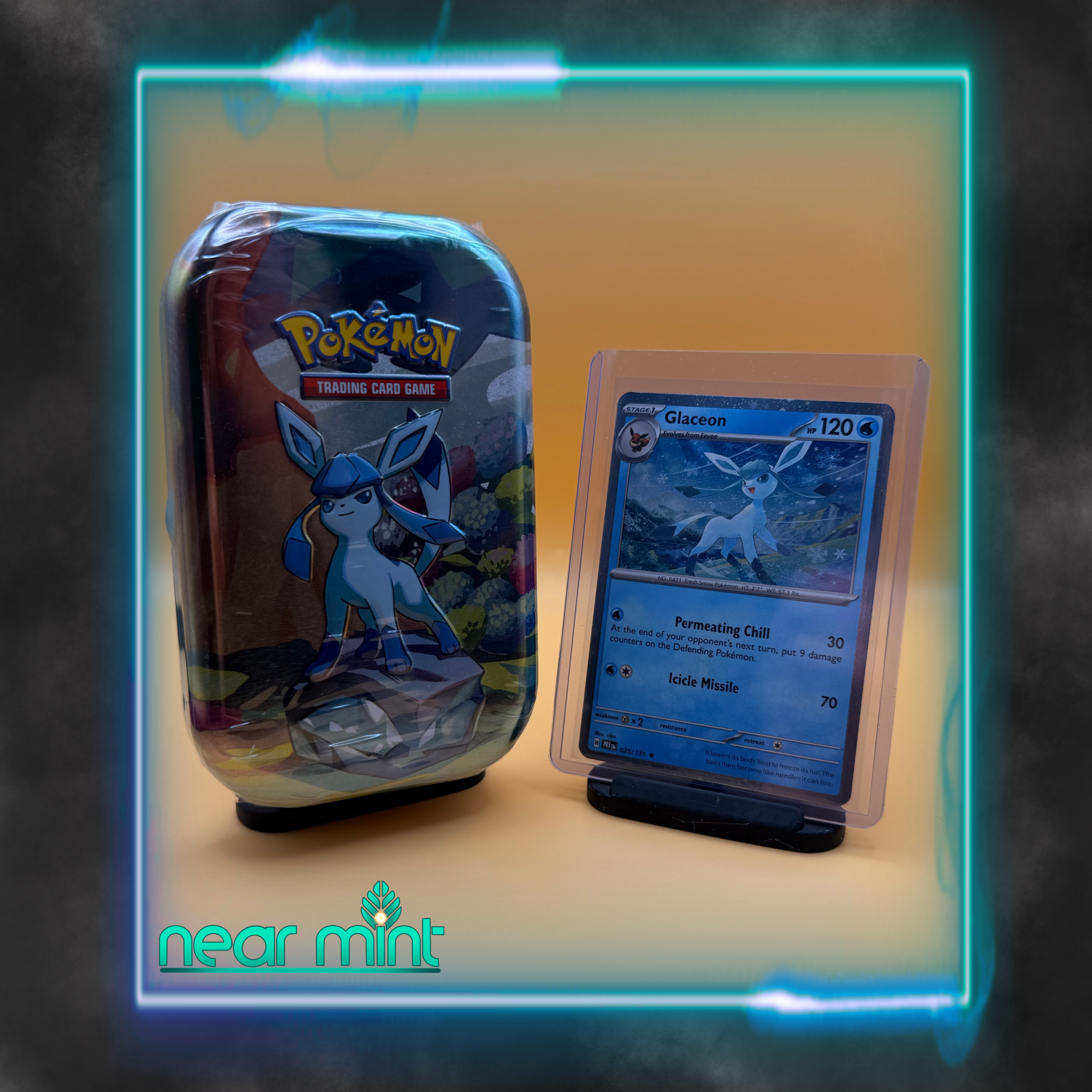Prismatic Evolutions Mini Tin Glaceon. Card included!